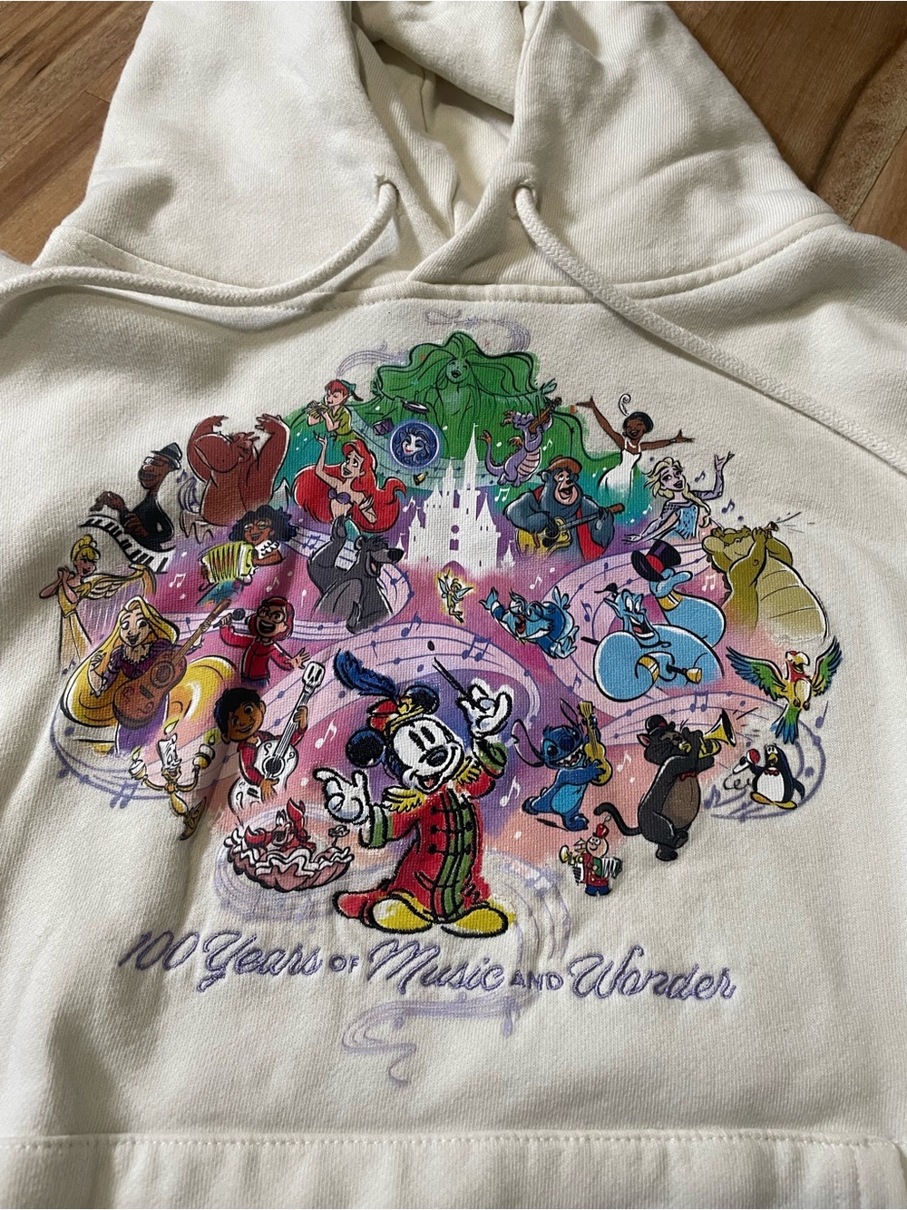 Disney 100 Years of Music & Wonder Mickey Mouse Cream Graphic Hoodie XS 2023 - Picture 3 of 7